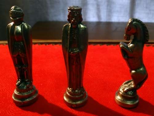 Chess Set Set in Velvet Case with Solid Metal Pieces covered in Leather