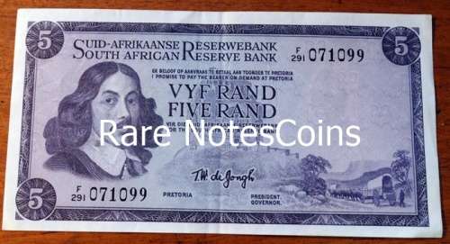 TW De Jongh 3rd Issue A/E Five Rand Note JVR Watermark