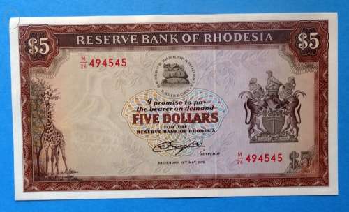 1979 A/Unc Rhodesia $5 Note. See Circle for UNC disqualification.
