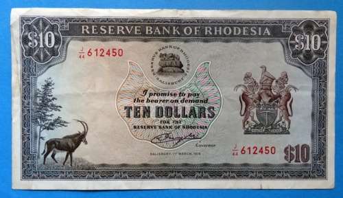 1976  Rhodesia $10 Note.  High Cat value
