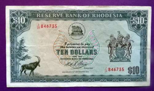 1975 Rhodesia $10 Banknote. Rhodes Watermark