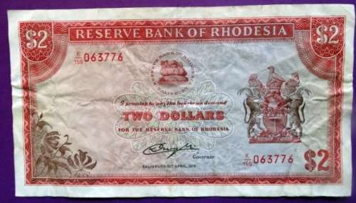 1979 Rhodesia $2 Banknote. Rhodes Watermark