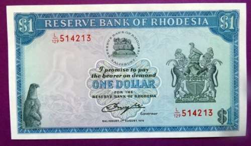 Unc 1979 Rhodesia $1 Banknote. Bird Watermark