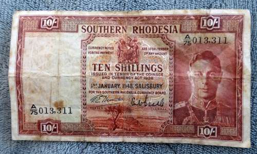 1948 Southern Rhodesia Ten Shilling Banknote. No tears or Holes
