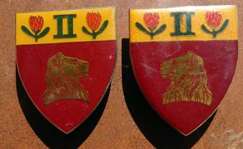 Pair of SADF  2 Regiment De La Rey Shoulder Flashes. Pins intact