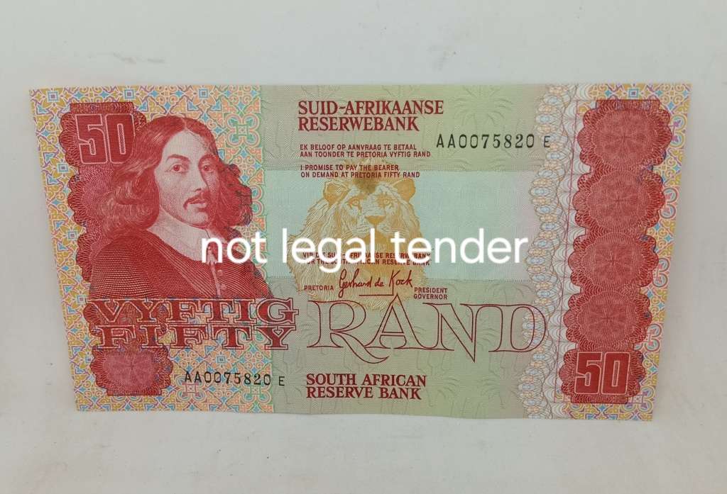 Unc AA GPC de Kock South African Fifty Rand Banknote. With Spot