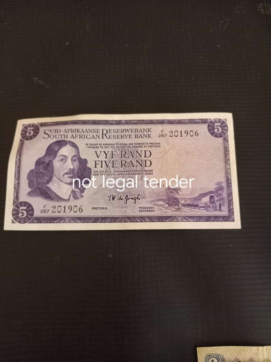 1975 TW de Jongh Five Rand Banknotes Afr / Eng