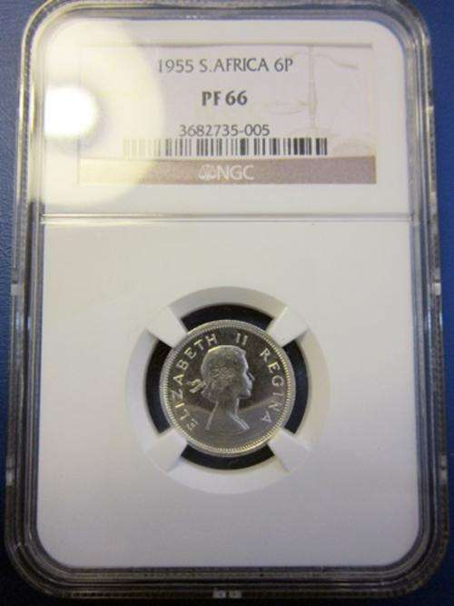 ## ** NGC Graded ** 1955 South Africa 6P PF 66 ##