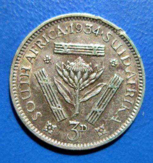 ## 1934 South Africa Silver 3D/Tickey ##