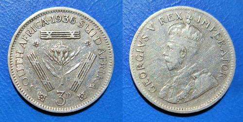 ## 1936 South Africa Silver 3D/Tickey ##