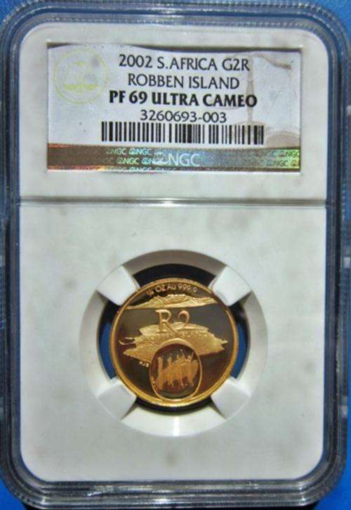 ## NGC Graded 2002 South Africa Gold Robben Island R2 PF 69 Ultra Cameo with Original box & COA ##