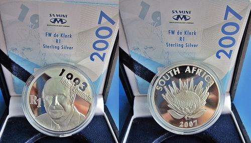 ## Proof 2007 South Africa Silver Protea F.W. de Klerk R1 in Capsule with COA ##