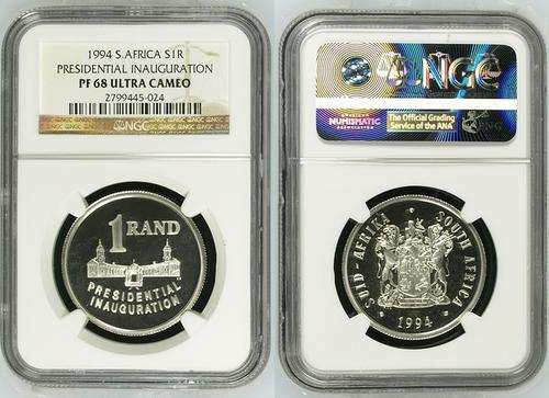 ## NGC Graded 1994 South Africa Silver R1 Presidential Inauguration PF 68 Ultra Cameo ##
