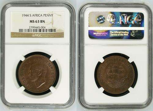 ## NGC Graded 1944 South Africa 1 Penny MS 63 BN ##