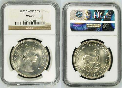## NGC Graded 1958 South Africa Silver 5 Shillings MS 63 ##