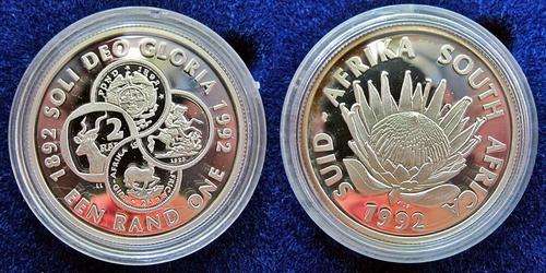 ## Proof 1992 South Africa Protea Silver Soli Deo R1 in Capsule in SAM Box ##