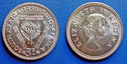 ## Beautiful 1959 South Africa Silver 3D/Tickey ##