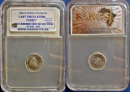 ## SANGS Graded 1964 South Africa Silver 2.5 Cents "Last Circulation Tickey" Slabbed for NNS ##