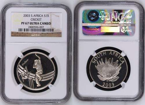 ## NGC Graded 2003 South Africa Silver Cricket R1 PF 67 Ultra Cameo ##
