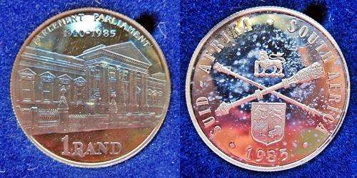 ## Proof 1985 South Africa Silver Parliament R1 in SAM Box ##