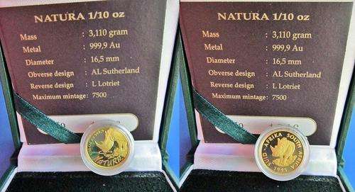 ## Proof 1995 South Africa Gold Natura Rhino 1/10th in Capsule in SAM Box With COA ##