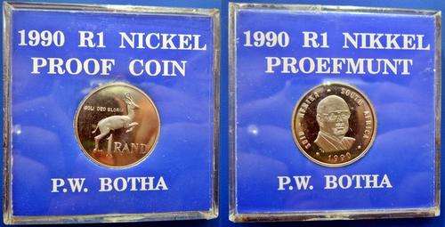 ## Proof 1990 South Africa P.W. Botha Nickel R1 in Perspex Box ##
