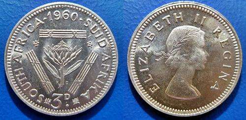 ## Scarcer Beautiful 1960 South Africa Silver 3D/Tickey ##