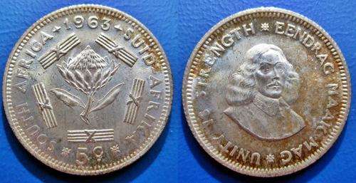 ## Beautiful 1963 South Africa Silver 5 Cent ##