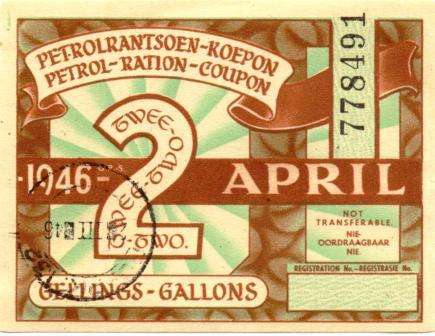 ## 1946 2 Gallons Petrol Ration Coupon ## Used in S.A