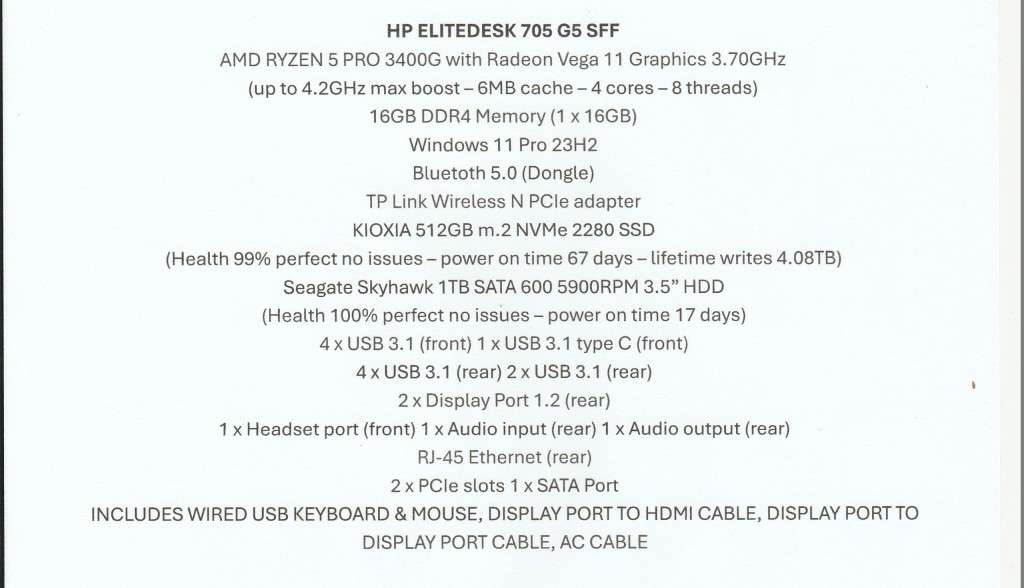 HP EliteDesk 705 G5 SFF AMD RYZEN 5 PRO 3400G 512GB m.2 NVMe 1TB 3.5` HDD 16GB DDR4 Win 11 Pro
