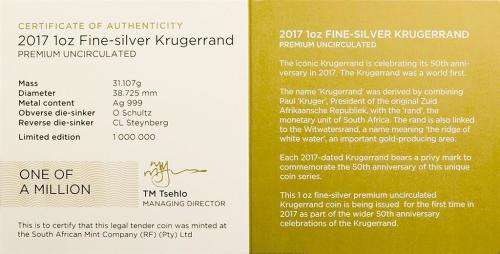 2017 50th ANNIVERSARY 1oz .999 SILVER KRUGERRAND (PU)