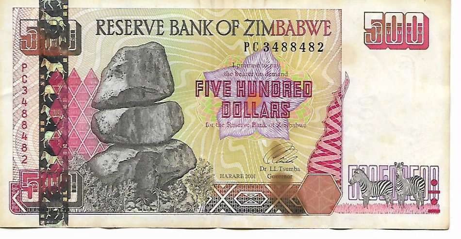 2001 ZIMBABWE $500 (FIVE HUNDRED DOLLARS) BANK NOTE