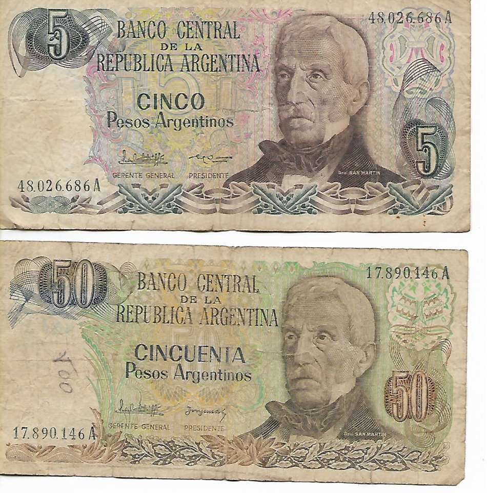 ARGENTINA - TWO VINTAGE BANK NOTES - 5 & 50 PESOS