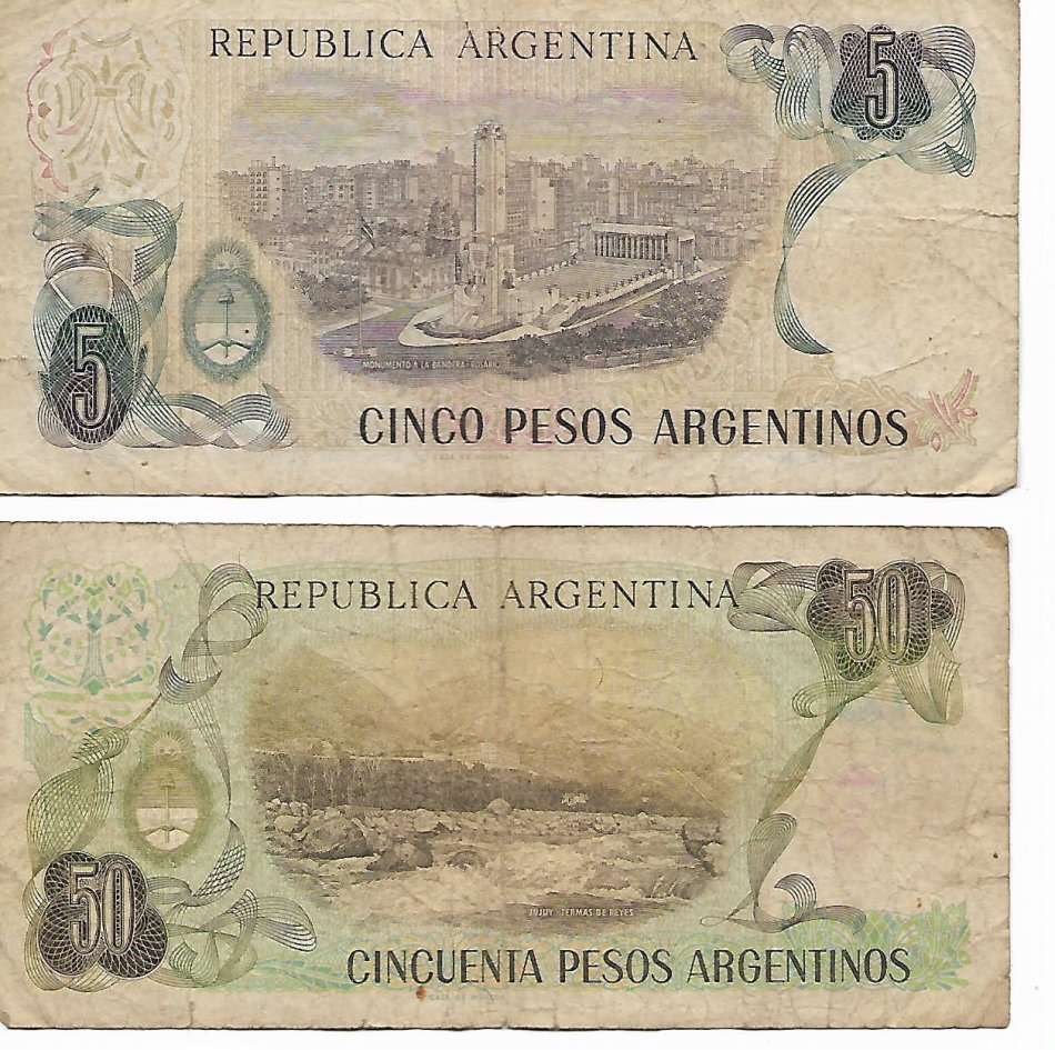 ARGENTINA - TWO VINTAGE BANK NOTES - 5 & 50 PESOS