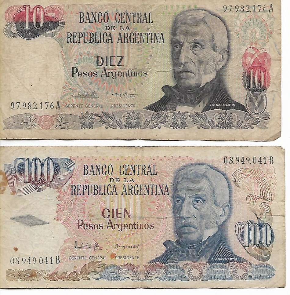 ARGENTINA - TWO VINTAGE BANK NOTES - 10 & 100 PESOS