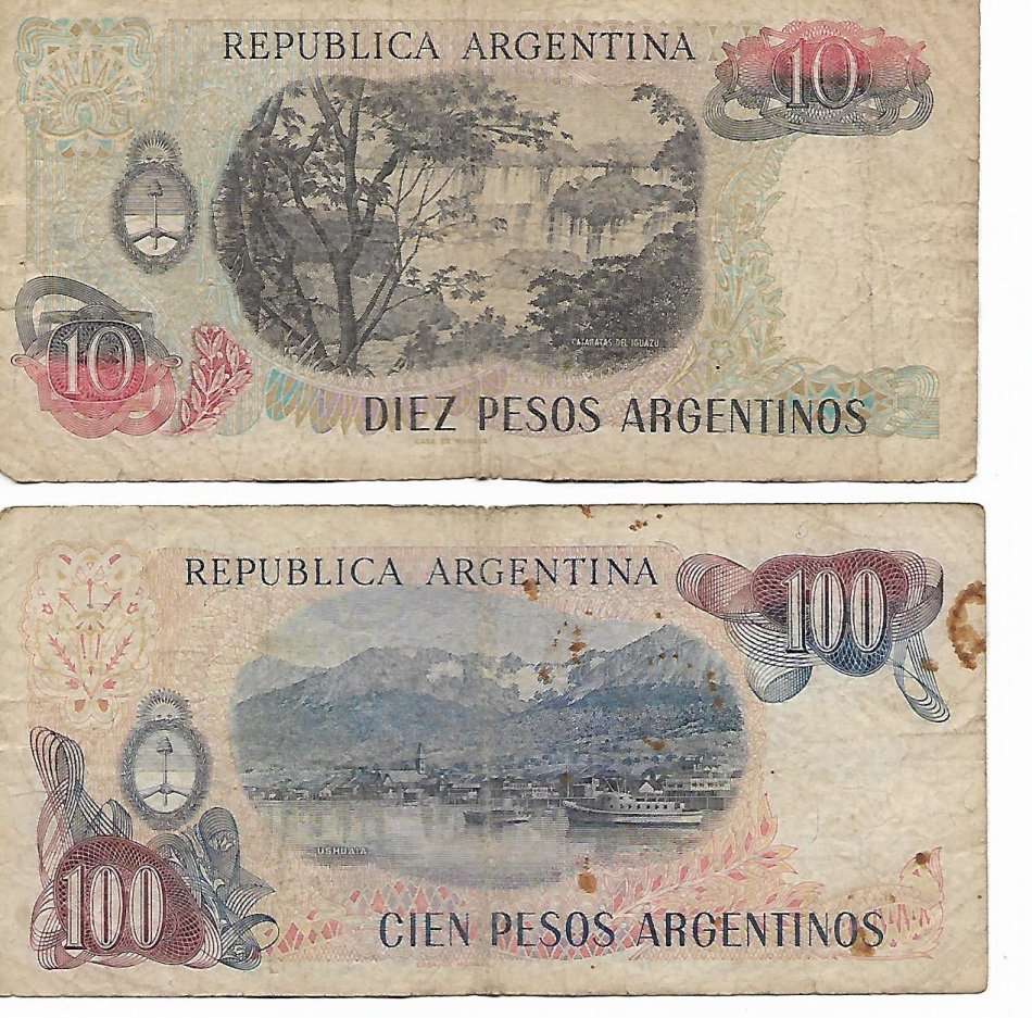 ARGENTINA - TWO VINTAGE BANK NOTES - 10 & 100 PESOS