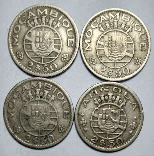 4 x Portuguese Mozambique 2,50 Escudos Coins 1953/54/55/56 (ONE BID TAKES ALL)