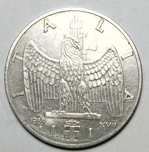 1939, Italy - 1 Lira - Vittorio Emanuele III - Facist Era
