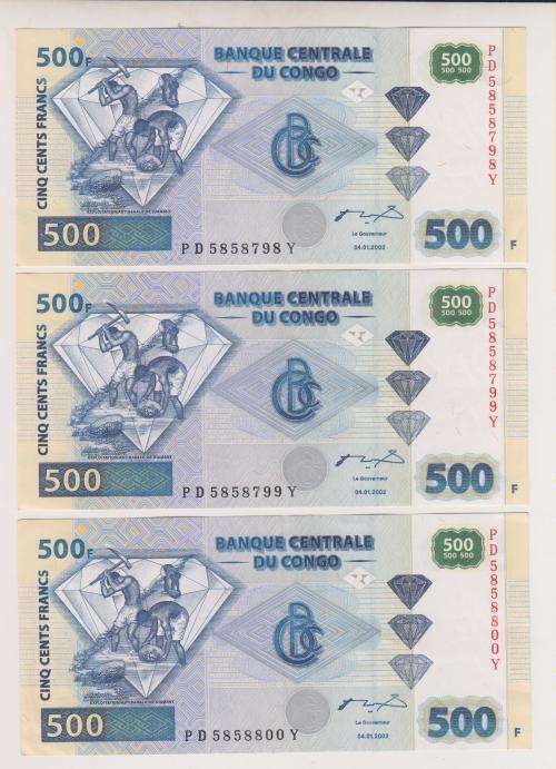 2002 Congo  - 3 x  500 Francs Bank Notes - UNCIRCULATED SEQUENTIAL - One Bid Takes All