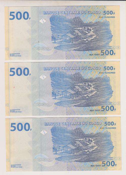 2002 Congo  - 3 x  500 Francs Bank Notes - UNCIRCULATED SEQUENTIAL - One Bid Takes All