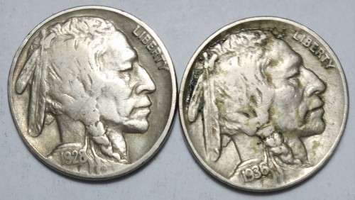 2 x USA United States 1928 / 1936 - 5 Cents `Buffalo Nickel`