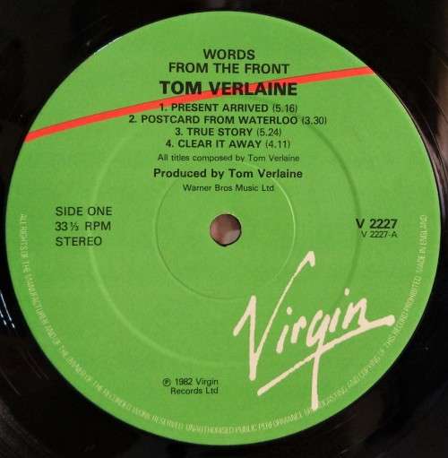 1982 TOM VERLAINE - WORDS FROM THE FRONT  -VINYL LP VG+ / ORIGINAL INNER SLEEVE / SLEEVE VG+