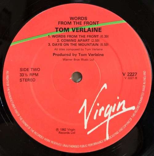 1982 TOM VERLAINE - WORDS FROM THE FRONT  -VINYL LP VG+ / ORIGINAL INNER SLEEVE / SLEEVE VG+