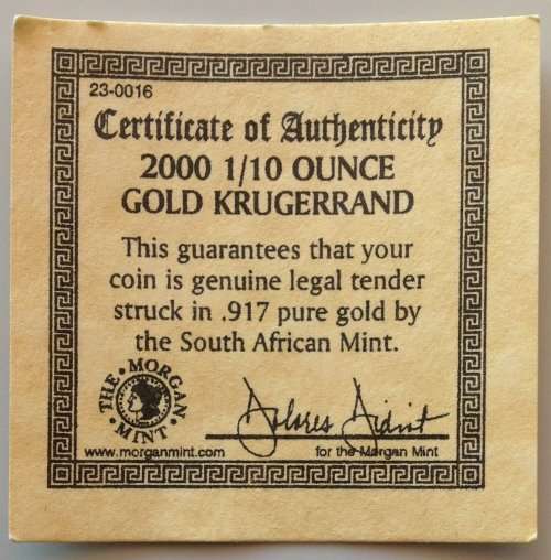 2000 1/10th oz KRUGERRAND with Certificate + Capsule + Box