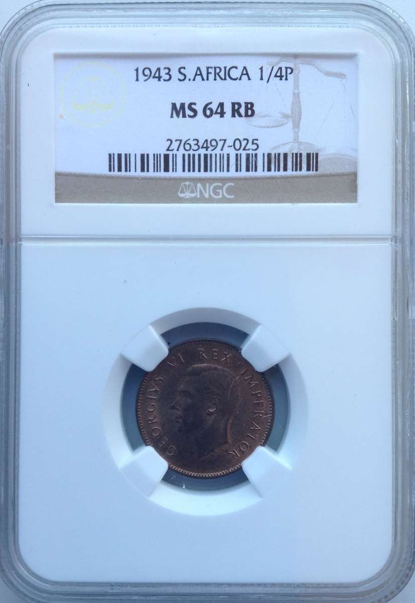 1943 ¼ P (FARTHING) - NGC GRADED - MS64 RB