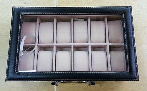 WATCH BOX / DISPLAY / CASE / STORAGE *12 SLOT/ BLOCK/ DIVISION* DYNAMITE BLACK PU LEATHER