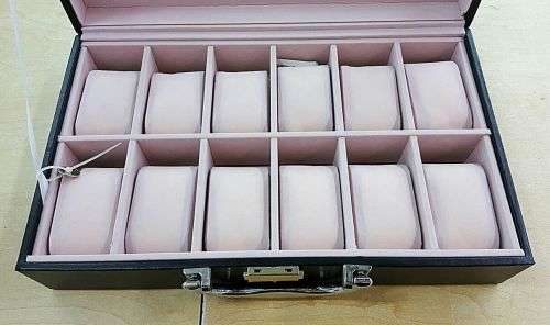 WATCH BOX / DISPLAY / CASE / STORAGE *12 SLOT/ BLOCK/ DIVISION* DYNAMITE BLACK PU LEATHER