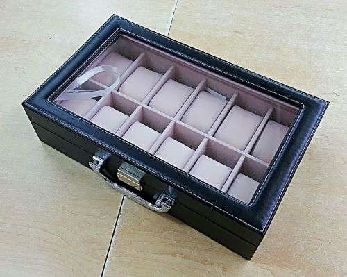 WATCH BOX / DISPLAY / CASE / STORAGE *12 SLOT/ BLOCK/ DIVISION* DYNAMITE BLACK PU LEATHER