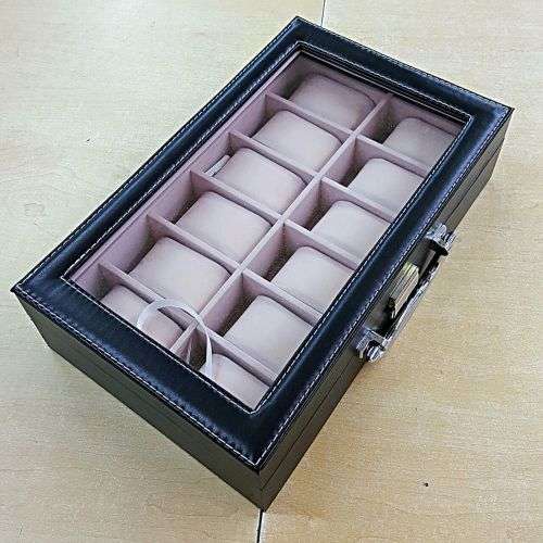 WATCH BOX / DISPLAY / CASE / STORAGE *12 SLOT/ BLOCK/ DIVISION* DYNAMITE BLACK PU LEATHER