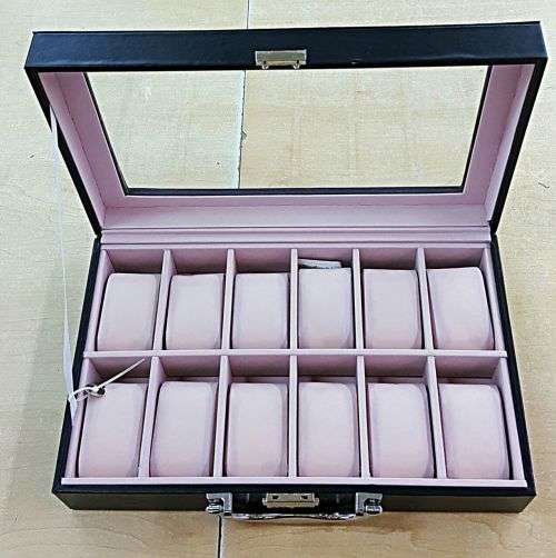 WATCH BOX / DISPLAY / CASE / STORAGE *12 SLOT/ BLOCK/ DIVISION* DYNAMITE BLACK PU LEATHER